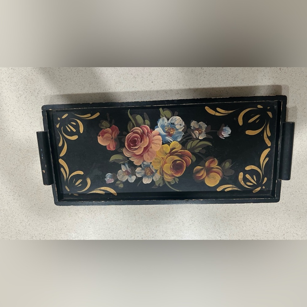 Vintage Decorative Floral Black Serving Tray